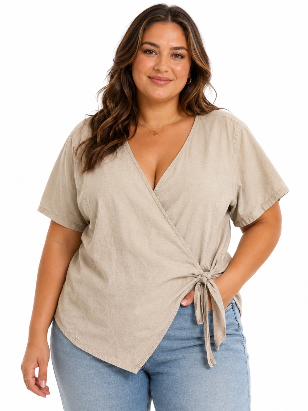 Vintage Neutral Beige Linen Cotton Blend Wrap Shirt Sleeve Top
